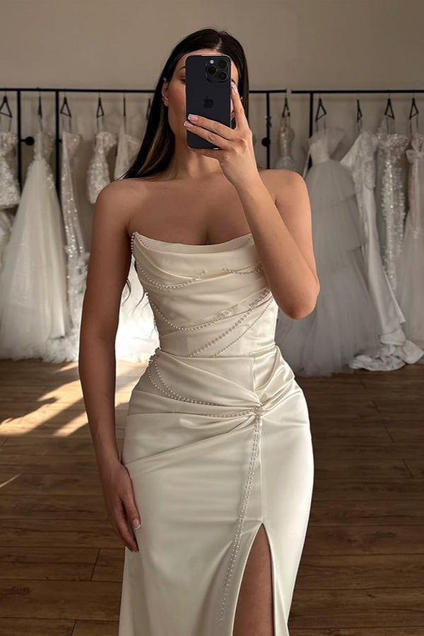 Modern Strapless Side Slit Beadings Sheath Wedding Dresses