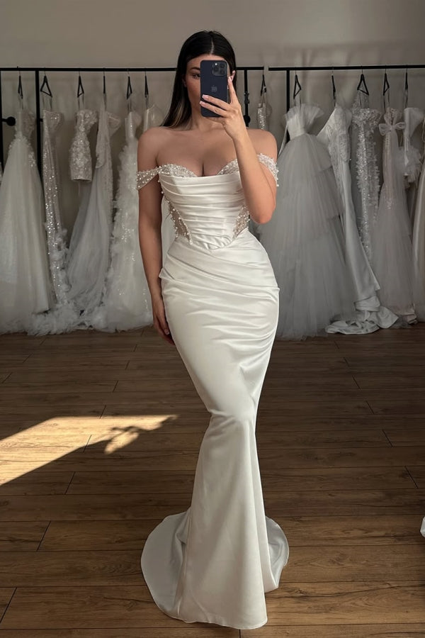 Mild Off-The-Shoulder Beadings Ruffles Sheath Wedding Dresses