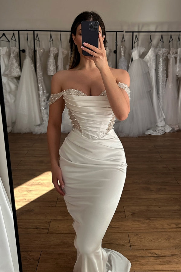 Mild Off-The-Shoulder Beadings Ruffles Sheath Wedding Dresses