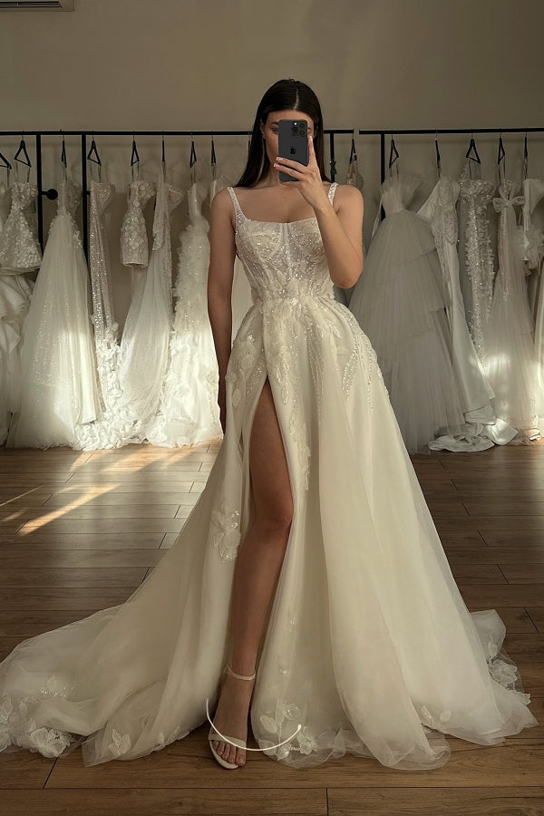 Generous Spaghetti Straps Appliques Side Slit A-Line Wedding Dresses