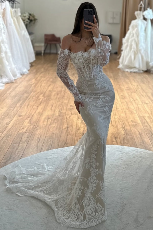 Sexy Off-The-Shoulder Long Sleeves Lace Sheath Wedding Dresses With Flowers
