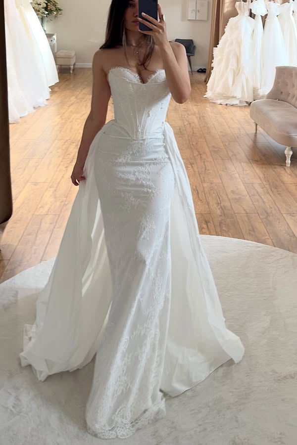 Mild Sweetheart Beadings Lace Sheath Wedding Dresses With Panel Train