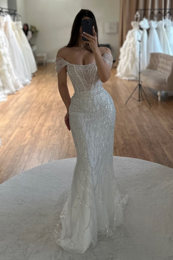Sparkle Off-The-Shoulder Lace Sheath Wedding Dresses