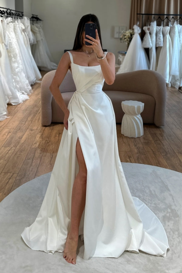 Simple Spaghetti Straps Side Slit Sheath Wedding Dresses
