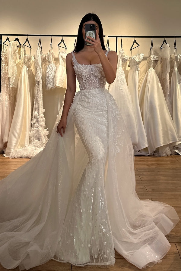 Elegant Spaghetti Straps Lace Sheath Wedding Dresses With Panel Train