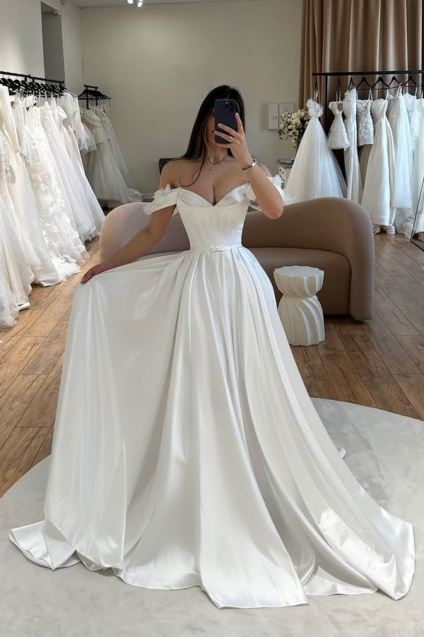 Classical Off-The-Shoulder Ruffles A-Line Wedding Dresses With Flowers
