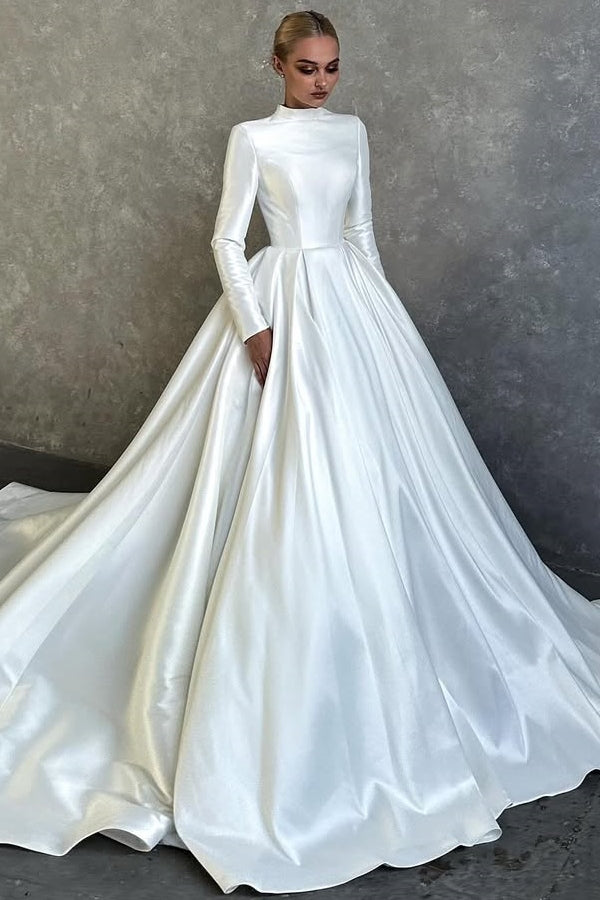 Serious High Neck Long Sleeves Backless A-Line Wedding Dresses