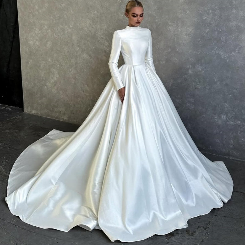 Serious High Neck Long Sleeves Backless A-Line Wedding Dresses