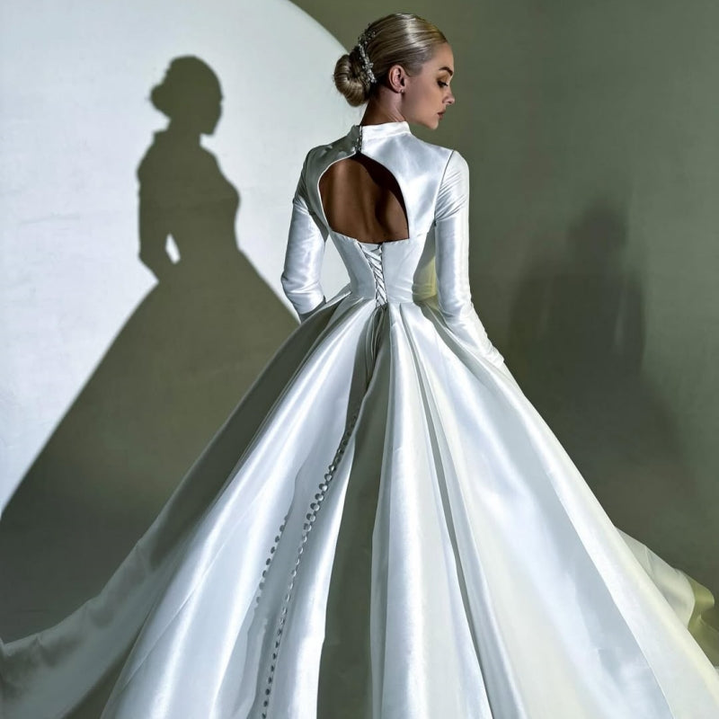 Serious High Neck Long Sleeves Backless A-Line Wedding Dresses