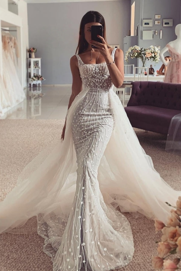 Chic Square Lace Sheath Wedding Dresses With Panel Train