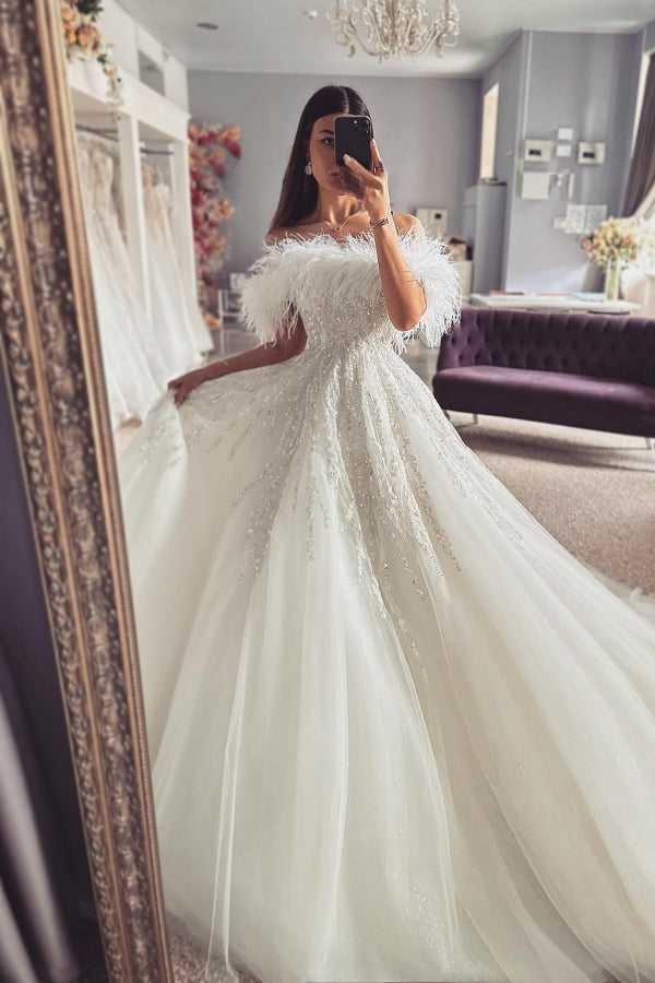 Gorgeous Off-The-Shoulder Appliques A-Line Wedding Dresses With Feather