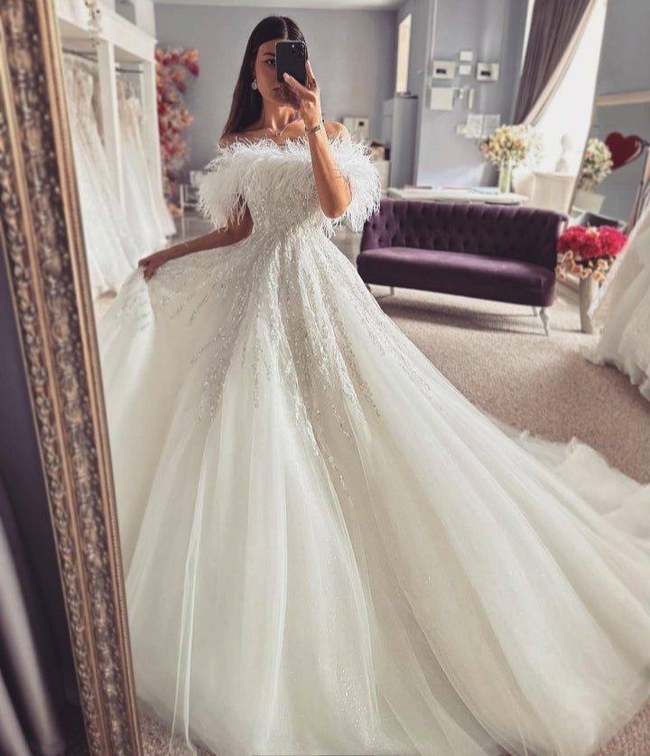 Gorgeous Off-The-Shoulder Appliques A-Line Wedding Dresses With Feather