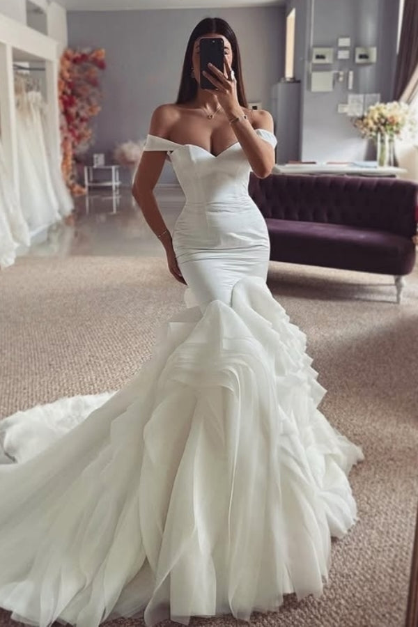 Charming Off-The-Shoulder Puffy Layers Mermaid Wedding Dresses