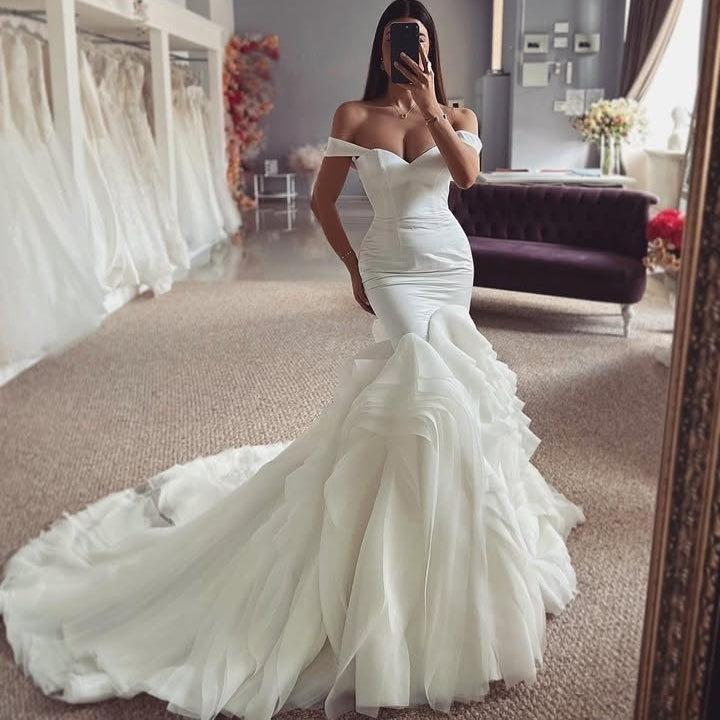 Charming Off-The-Shoulder Puffy Layers Mermaid Wedding Dresses