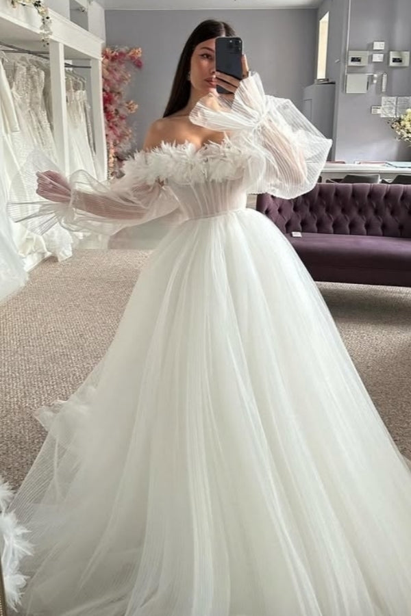 Mild Off-The-Shoulder Long Sleeves Appliques Ball Gown Wedding Dresses