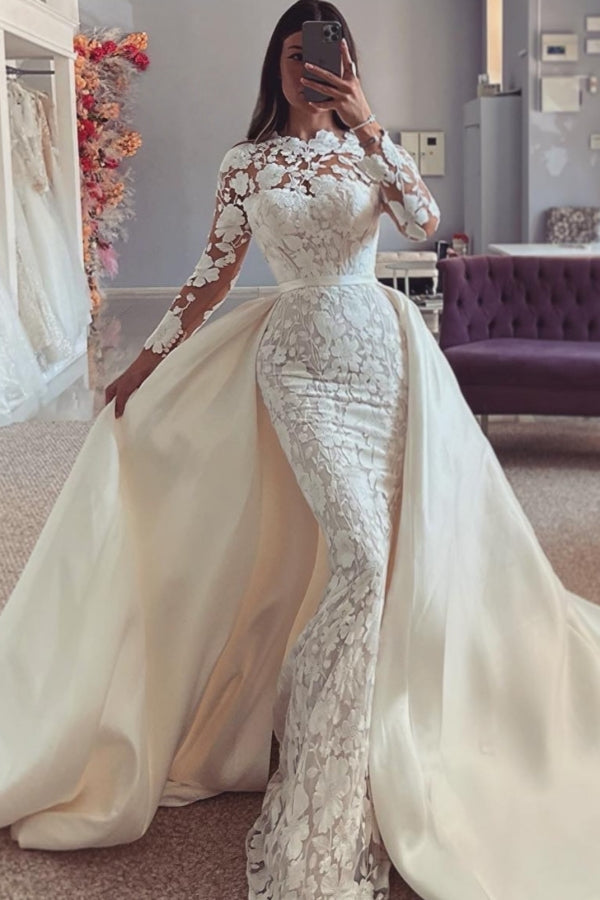 Sexy Jewel Long Sleeves Lace Sheath Wedding Dresses With Panel Train