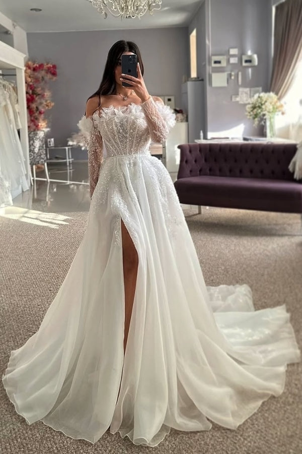 Exquisite Off-the-shoulder A Line Side Slit Beadings Lace Wedding Dresses