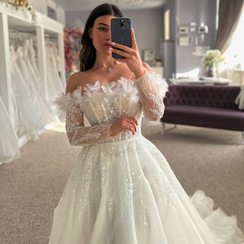 Exquisite Off-the-shoulder A Line Side Slit Beadings Lace Wedding Dresses