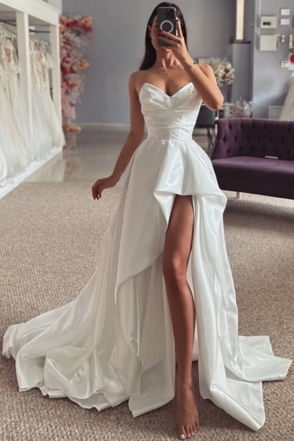 Elegant Sweetheart A Line High Split Satin Wedding Dresses