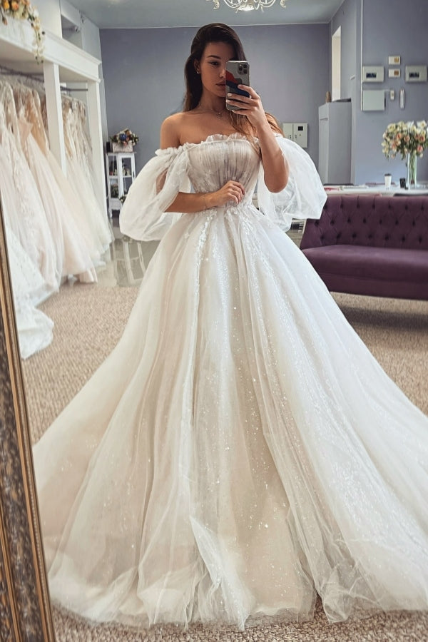 Generous Off-The-Shoulder A Line Lace Tulle Wedding Dresses With Appliques