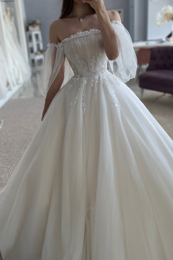 Generous Off-The-Shoulder A Line Lace Tulle Wedding Dresses With Appliques