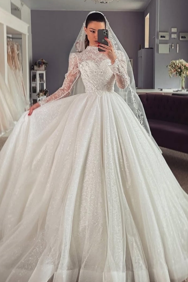 Charming High Collar Long Sleeves Ball Gown Appliques Lace Wedding Dresses