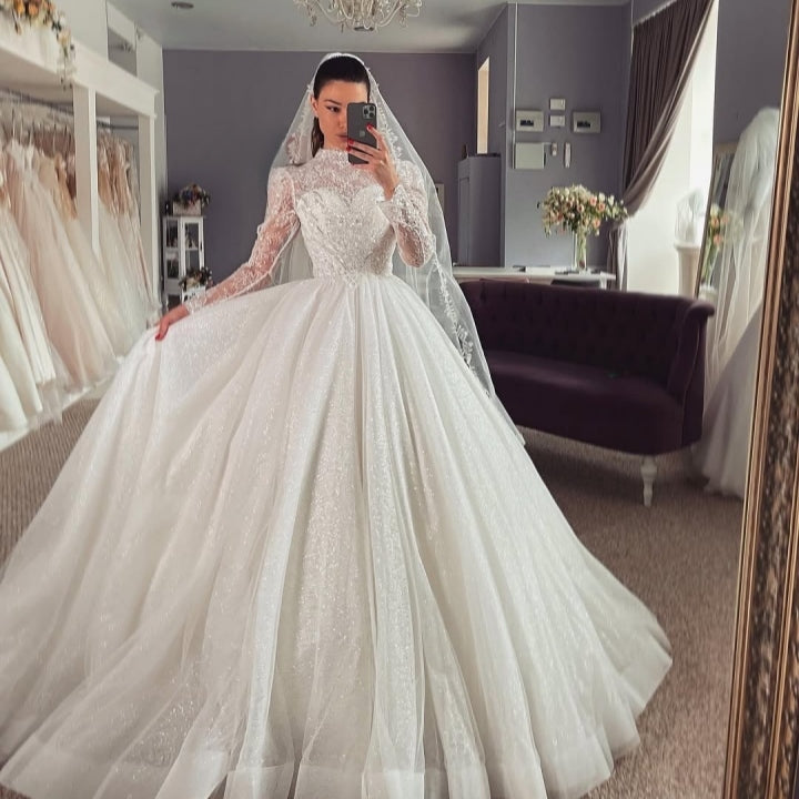 Charming High Collar Long Sleeves Ball Gown Appliques Lace Wedding Dresses
