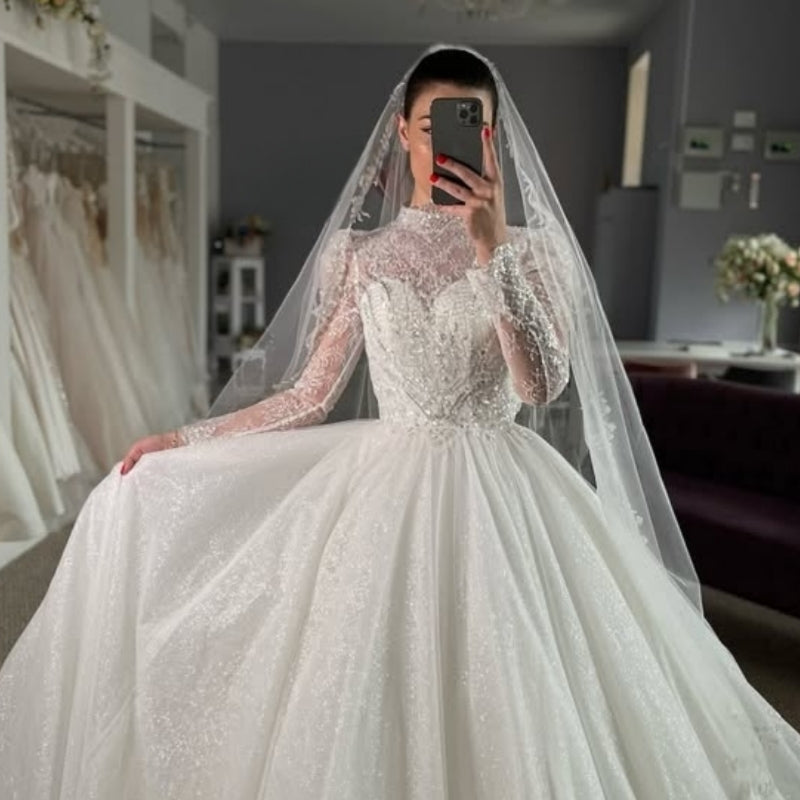 Charming High Collar Long Sleeves Ball Gown Appliques Lace Wedding Dresses
