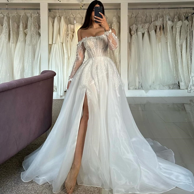 Intellectuality Strapless Long Sleeves Appliques Organza Wedding Dresses
