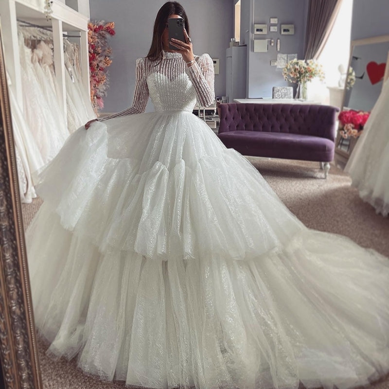 Dignified High Collar Long Sleeves Ruffles Puffy Layers Lace Wedding Dresses