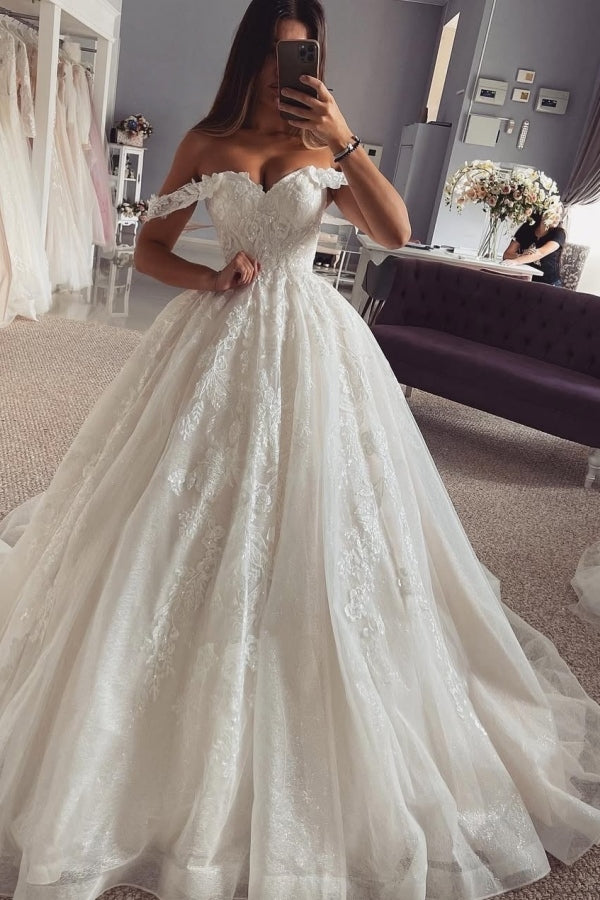 Chic Off-The-Shoulder A Line Ruffles Lace Wedding Dresses