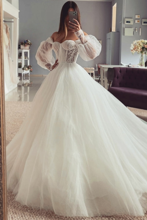 Fancy Off-The-Shoulder Long Sleeves A Line Tulle Wedding Dresses With Appliques