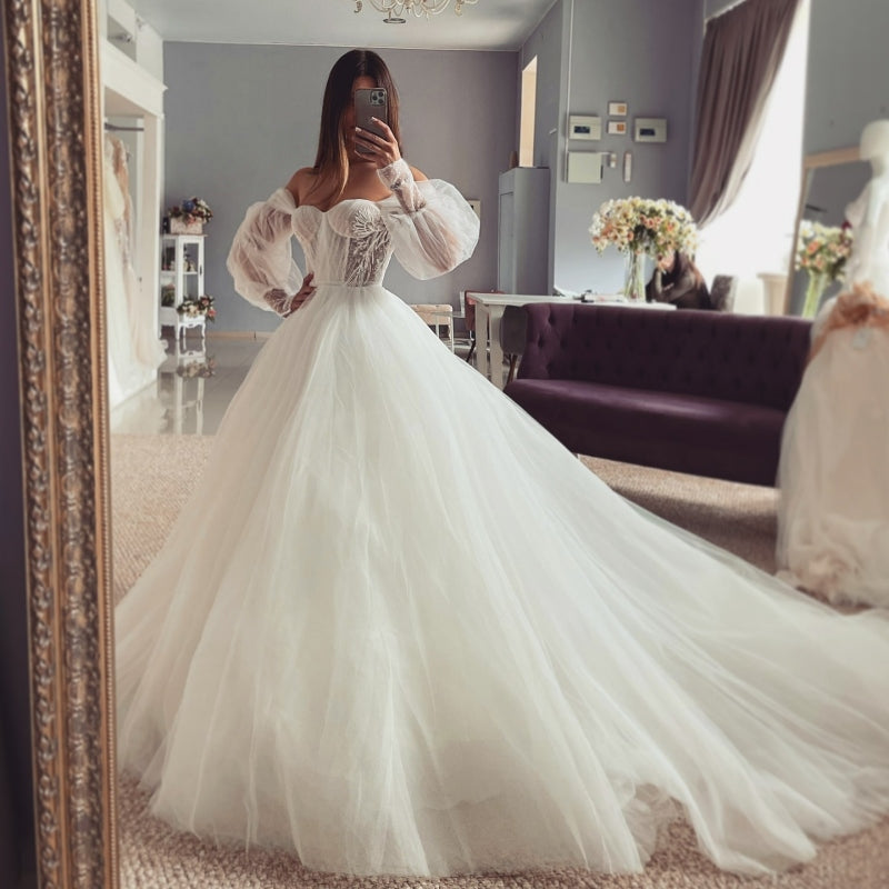 Fancy Off-The-Shoulder Long Sleeves A Line Tulle Wedding Dresses With Appliques