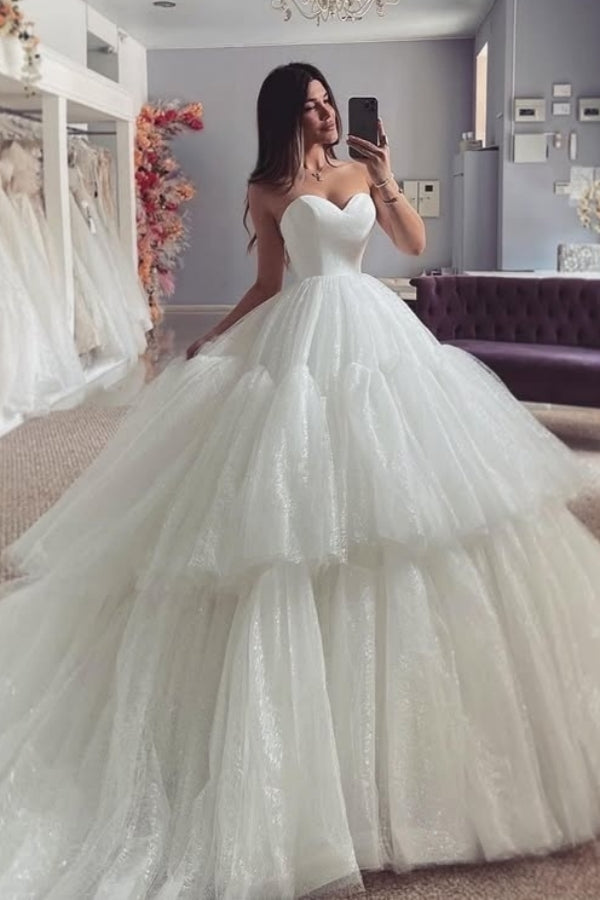 Gorgeous Sweetheart Ball Gown Puffy Layers Lace Wedding Dresses