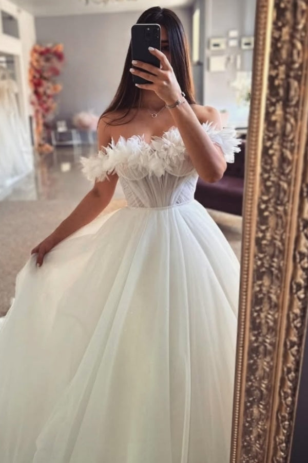 Classical Off-The-Shoulder A Line Tulle Wedding Dresses With Feathers