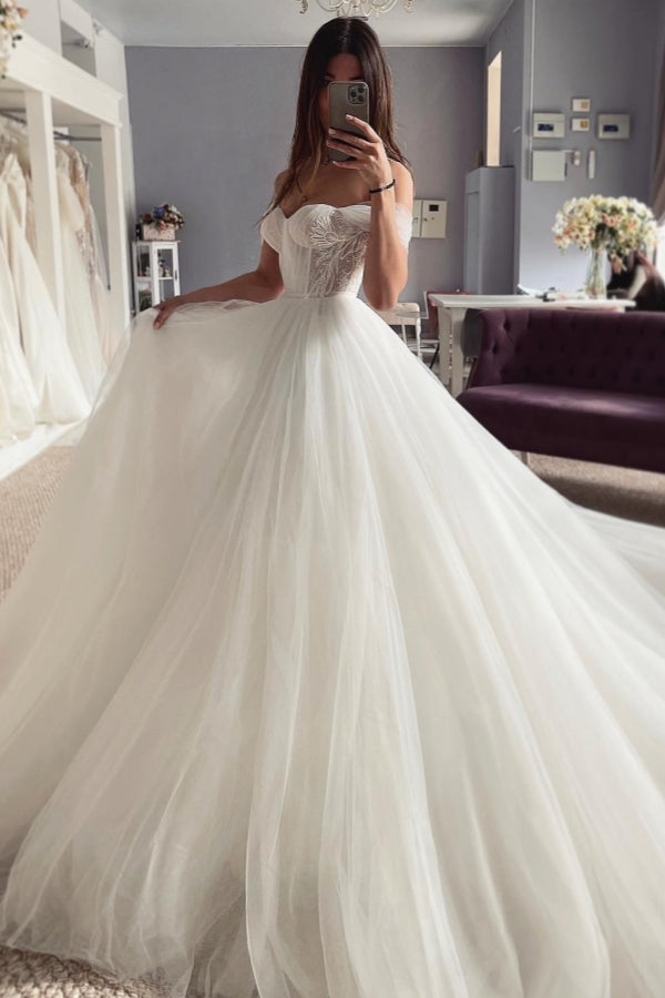 Elegant Off-The-Shoulder A Line Appliques Tulle Wedding Dresses