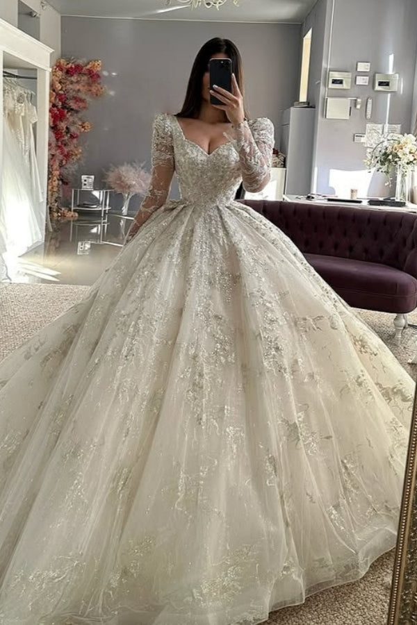 Dignified Long Sleeves Square Ball Gown Lace Wedding Dresses