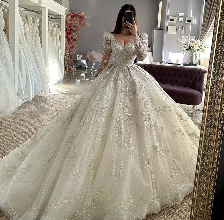 Dignified Long Sleeves Square Ball Gown Lace Wedding Dresses
