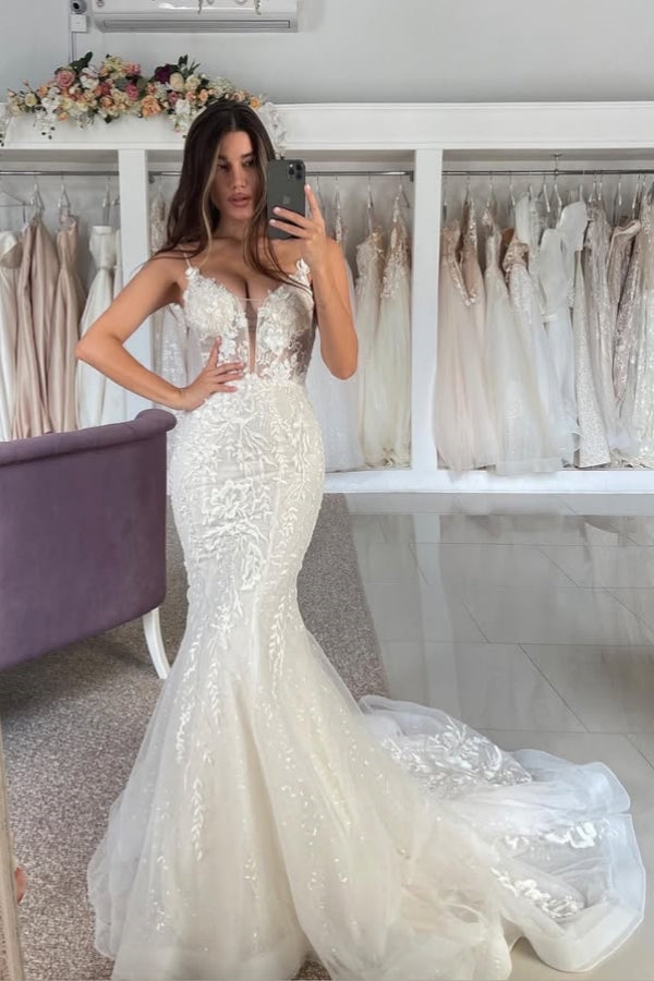 Nectarean Spaghetti Strap Mermaid Lace Tulle Wedding Dresses