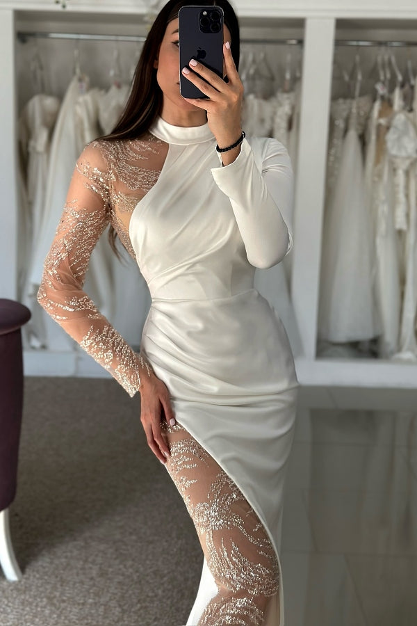 Fashion Long Sleeves High Collar Sheath Soft Satin Wedding Dresses With Sequins