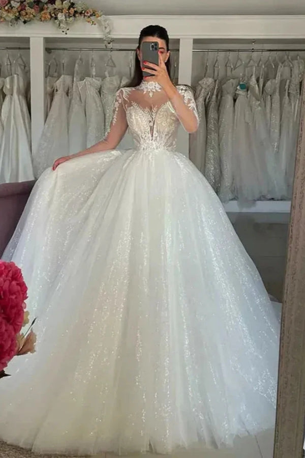 Generous High Collar Ball Gown Appliques Lace Wedding Dresses
