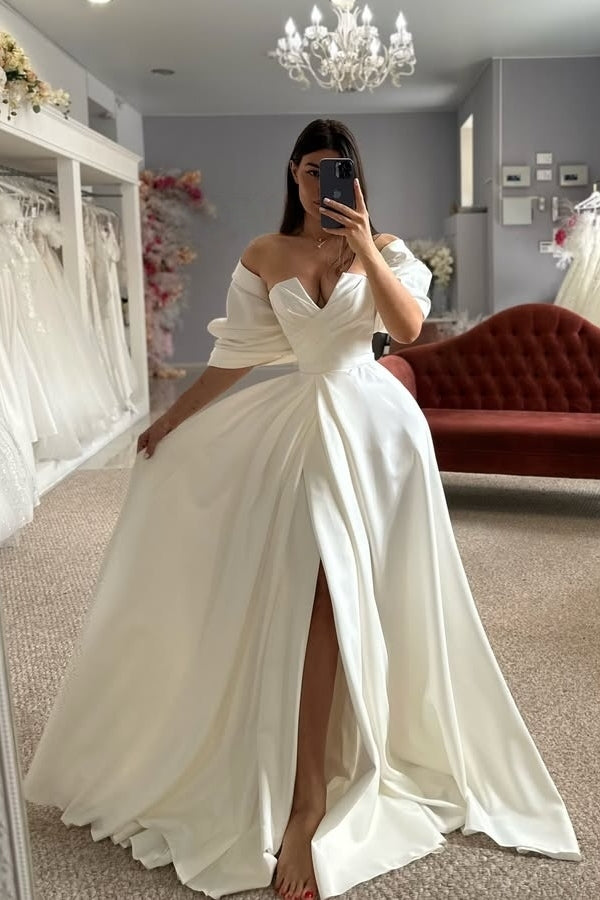 Exquisite Off-The-Shoulder A Line Front Slit Satin Wedding Dresses