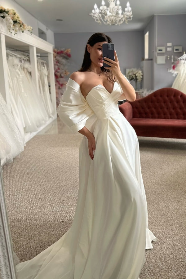 Exquisite Off-The-Shoulder A Line Front Slit Satin Wedding Dresses