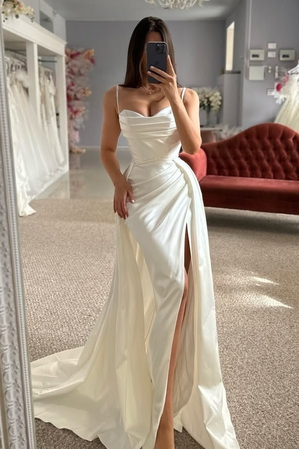 Chic Spaghetti Strap Sleeveless High Split Detachable Train Wedding Dresses