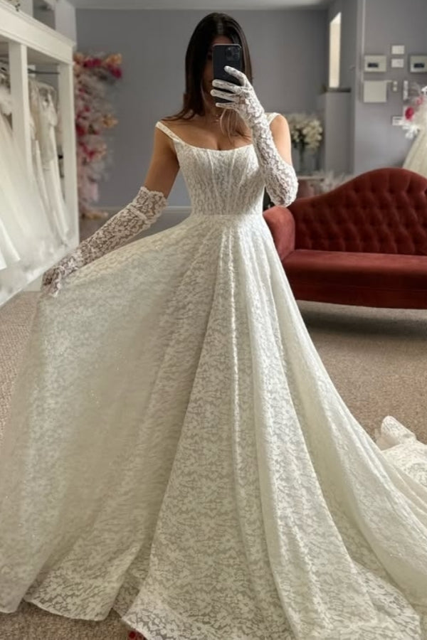 Beautiful Spaghetti Strap A Line Lace Wedding Dresses With Gloves