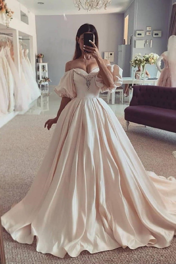 Mild Dusty Pink Off-The-Shoulder Satin A Line Wedding Dresses With Beadings