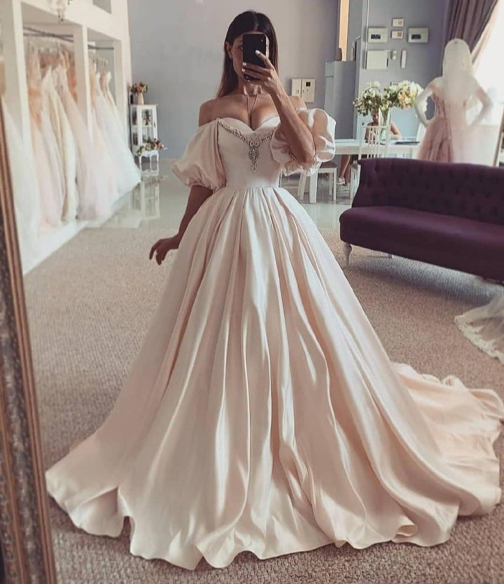 Mild Dusty Pink Off-The-Shoulder Satin A Line Wedding Dresses With Beadings