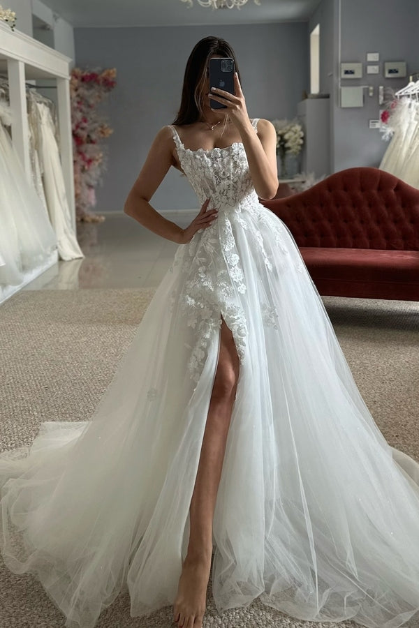 Wonderful Spaghetti Strap Appliques Side Slit Tulle Wedding Dresses