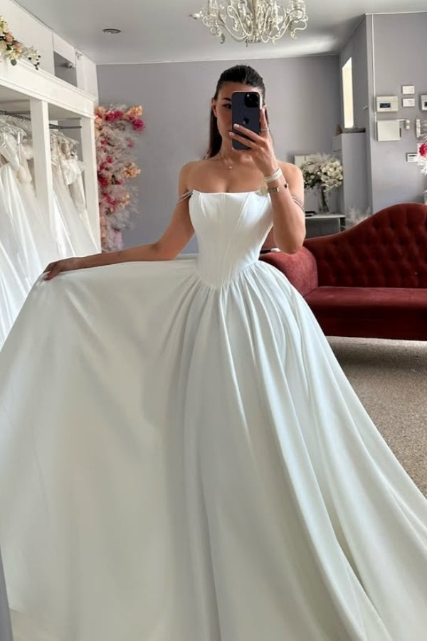 Gentle Off-The-Shoulder Sleeveless A Line Satin Wedding Dresses