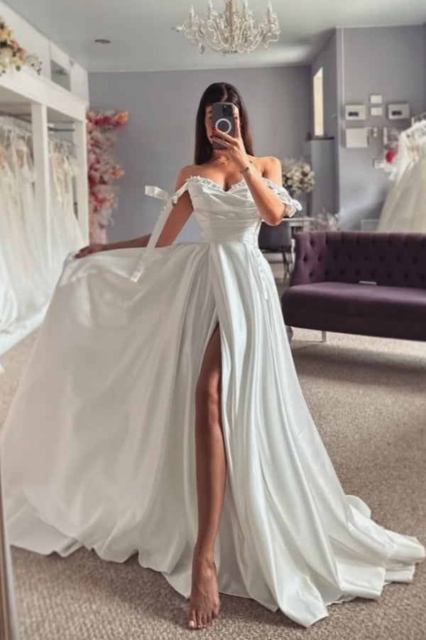 Sexy Off-The-Shoulder Satin Side Slit Wedding Dresses